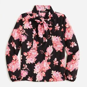 J.Crew NEW Women's Black Floral Tie-neck Long-Sleeve Satin‎ Top Sz Small
